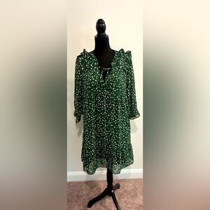 Green Leopard Ruffle Shoulder Tie Neck Balloon Sleeve Dress - Size Large